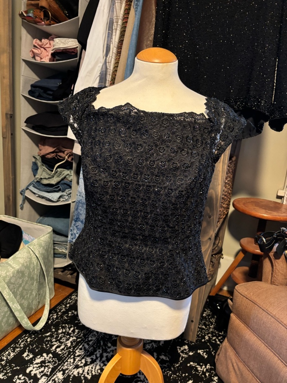 JS Collections Vintage Sequin/Beaded Lace Bodice Cap Sleeve Top size 14